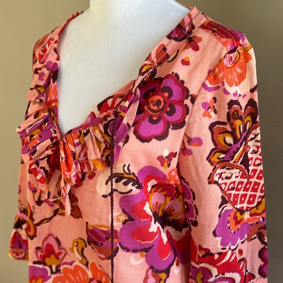 Tory Burch Gwenna Orange Pink 3/4 Sleeve Tassel Tie Floral Blouse Top Size 10 - Picture 7 of 11